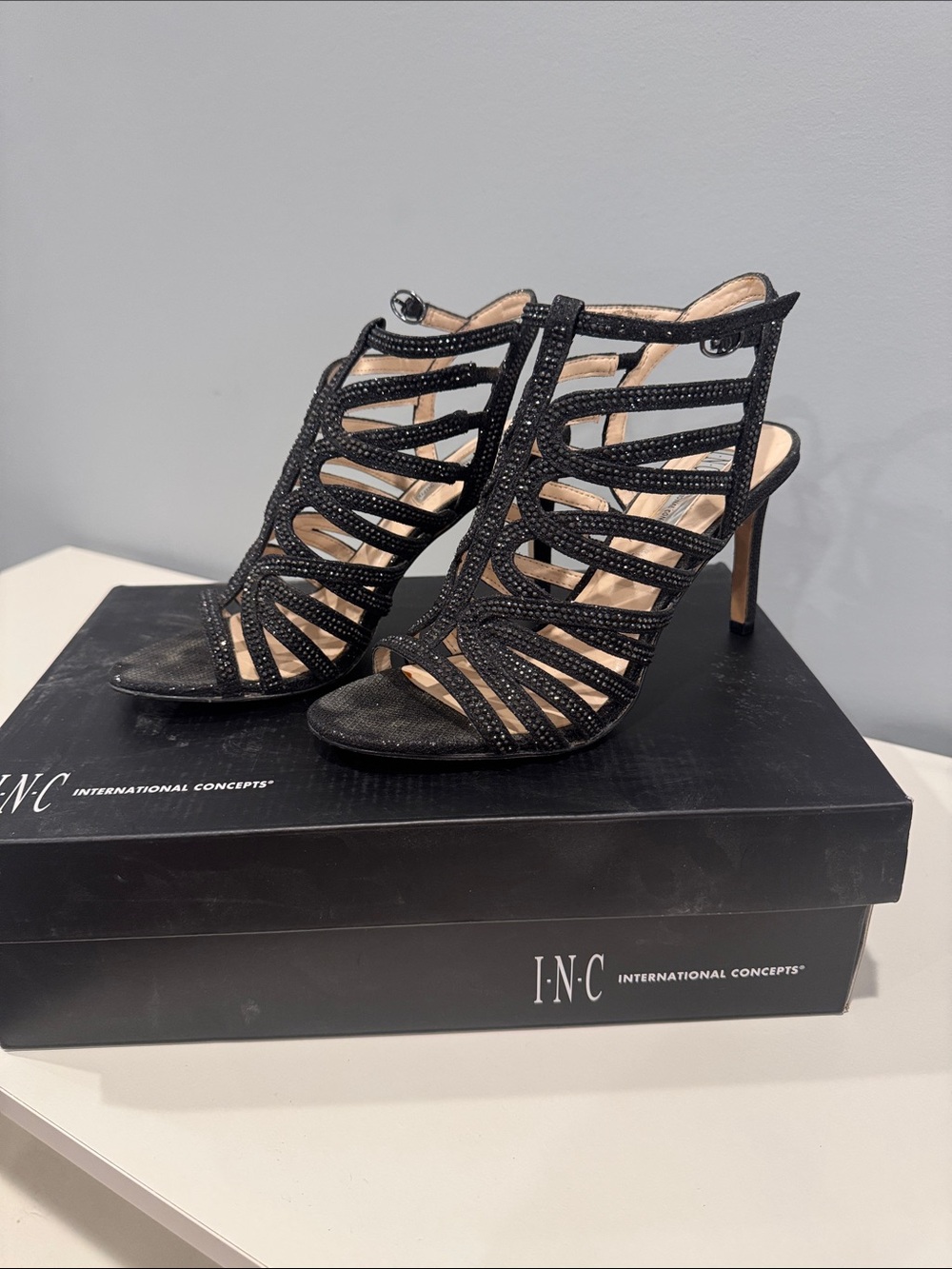 INC International Concepts Black Rhinestone Cage High Heel Sandals